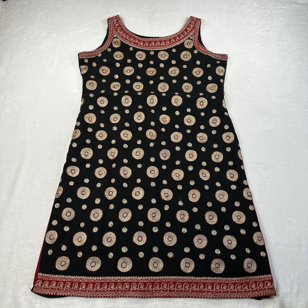 Mehvish Black Embroidered Indian Dress Womens Sleeveless Tunic Kurti Gold Red